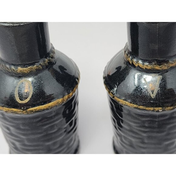 Vintage Black Ceramic Oil & Vinegar Cruet Set With Cork Stoppers Retro MCM Decor - Picture 10 of 10